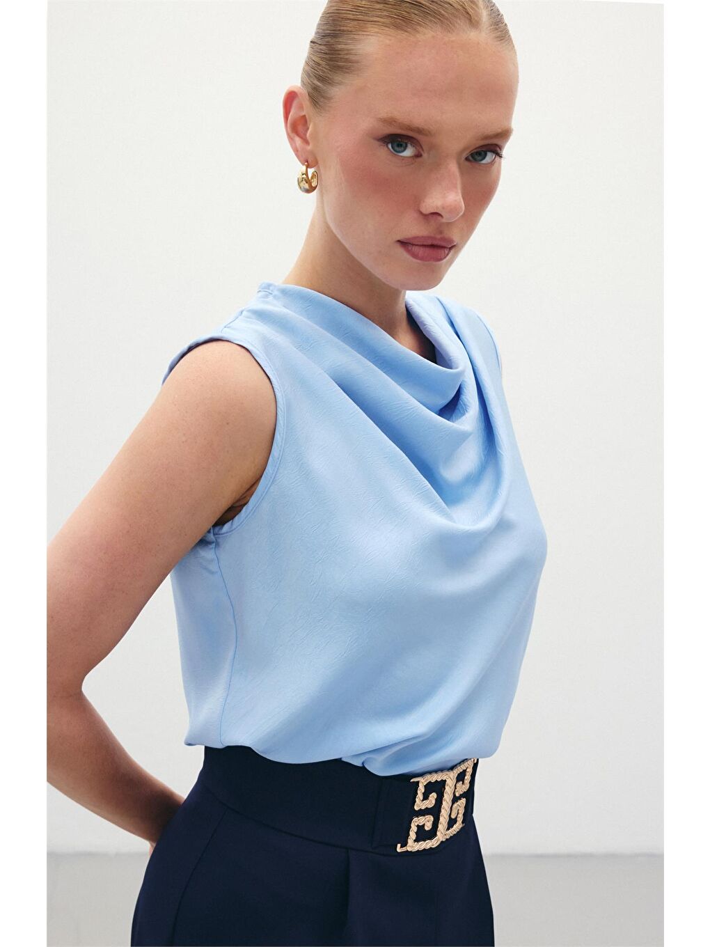 Degaje Yaka Saten Bluz - Mavi-3