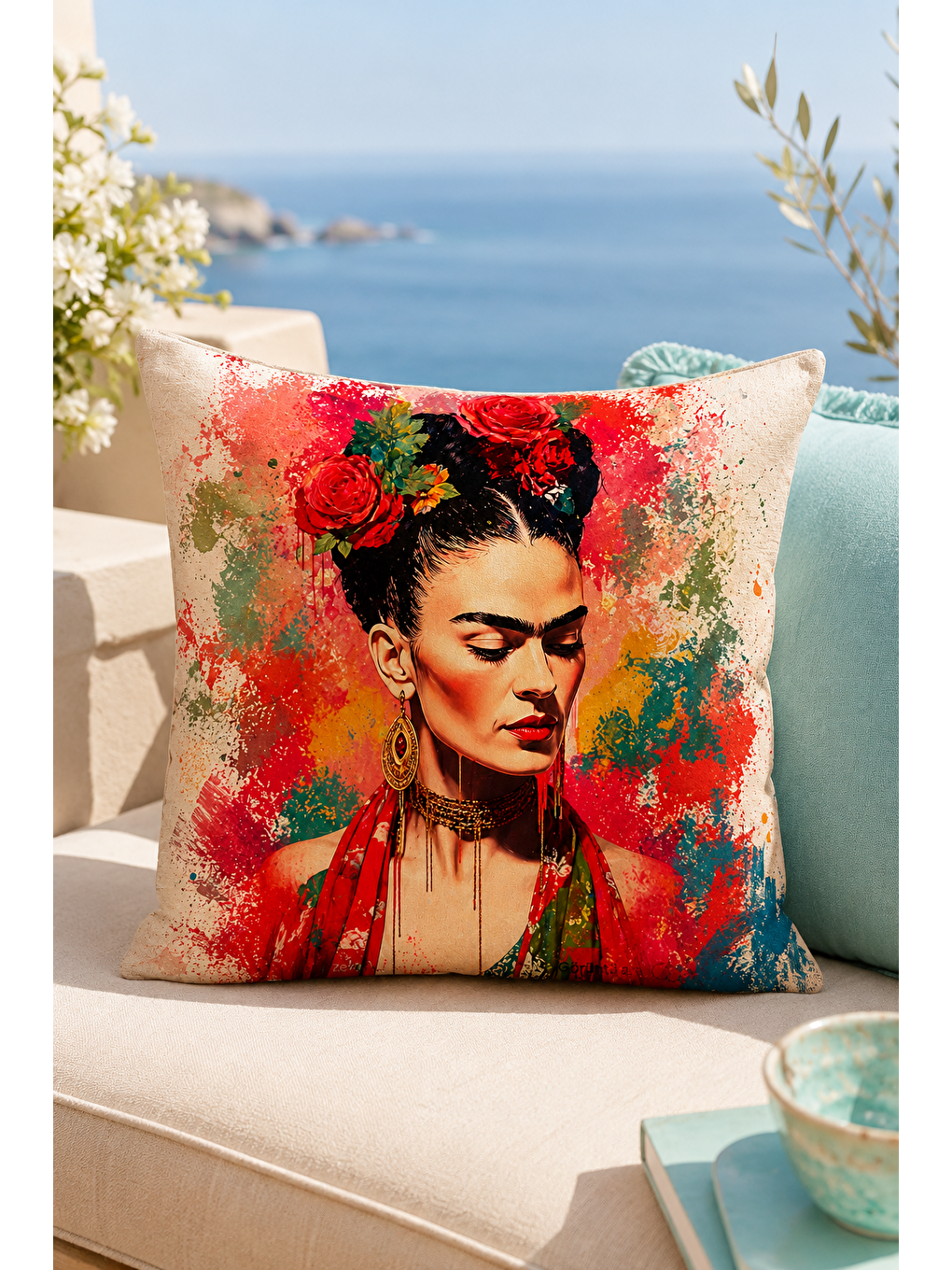 Karışık Renkli Kadın Portre Çiçekli Dekoratif Kırlent Kılıfı Bohem Sanatsal Dekor 43x43 Cm-2