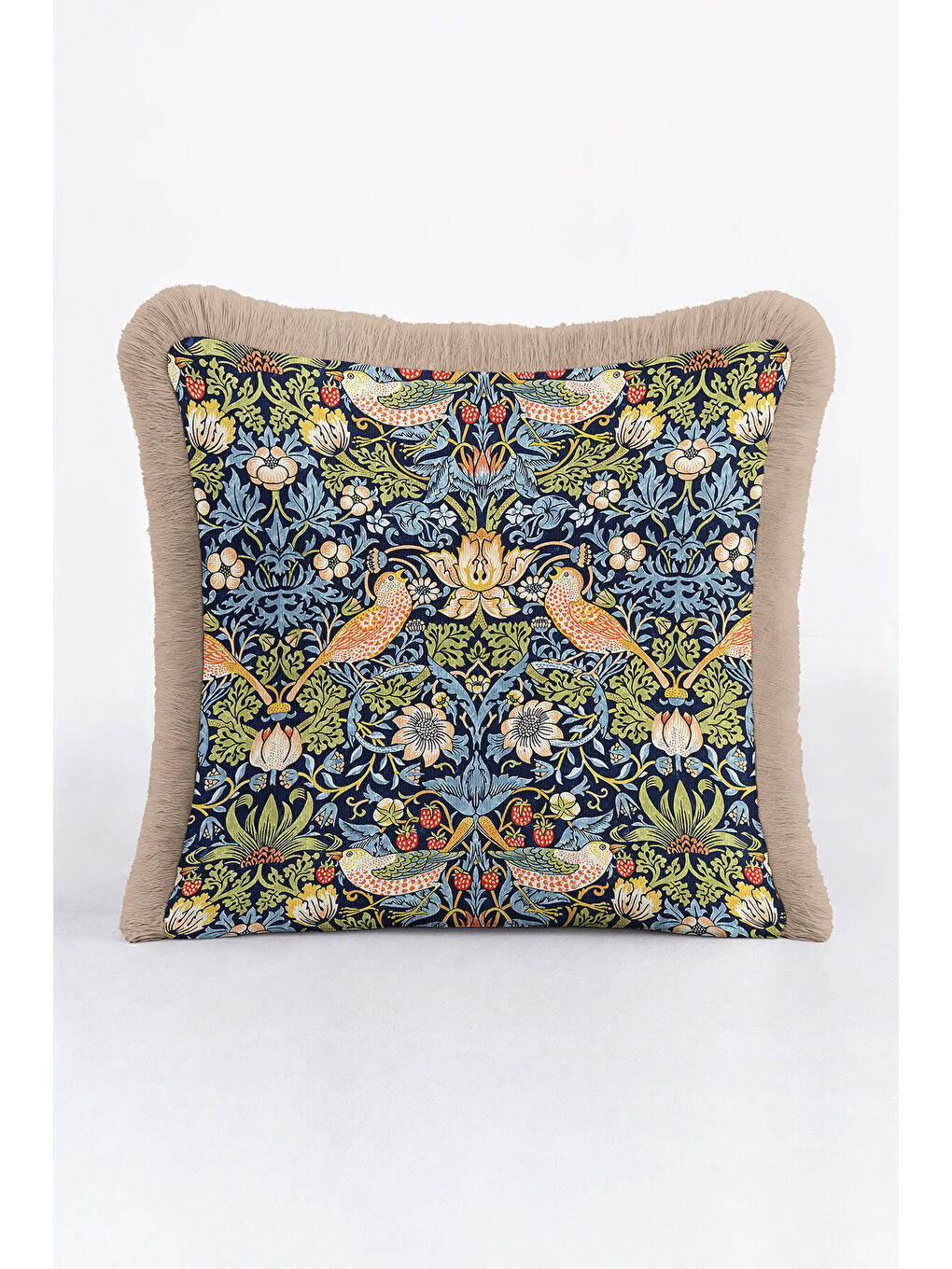 Karışık Lüks Kuşlu Çiçekli Saçaklı Yastık Kılıfı - Viktoryen Bohem Lacivert Yeşil Püsküllü Kırlent Kılıfı-3