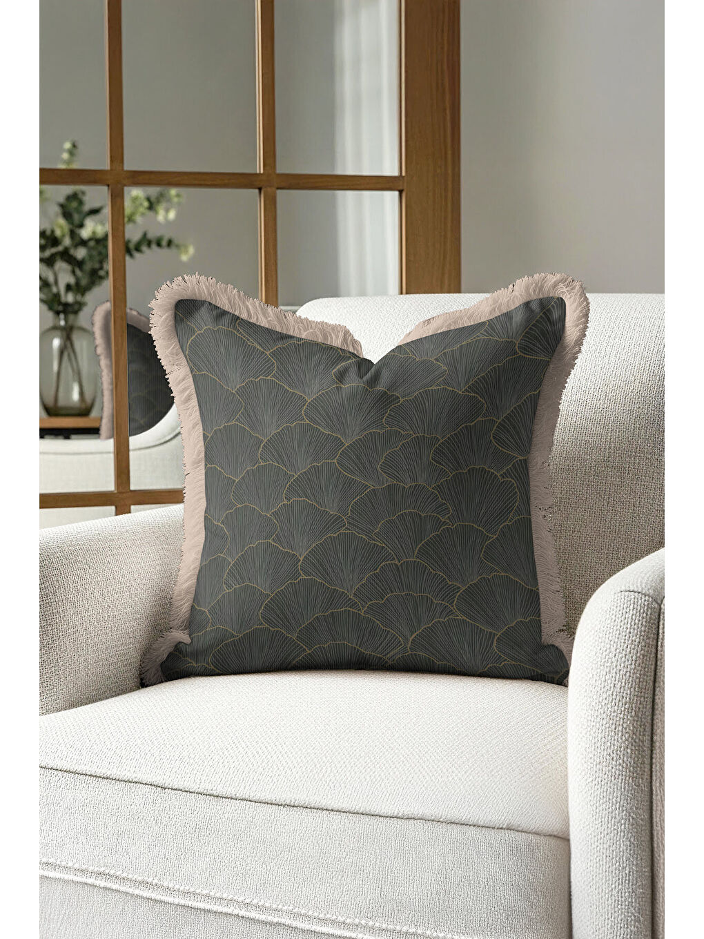 Karışık Altın Renk Lüks Ginko Yapraklı Saçaklı Yastık Kılıfı - Sanatsal Yeşil Modern Püsküllü Kırlent Kılıfı-3