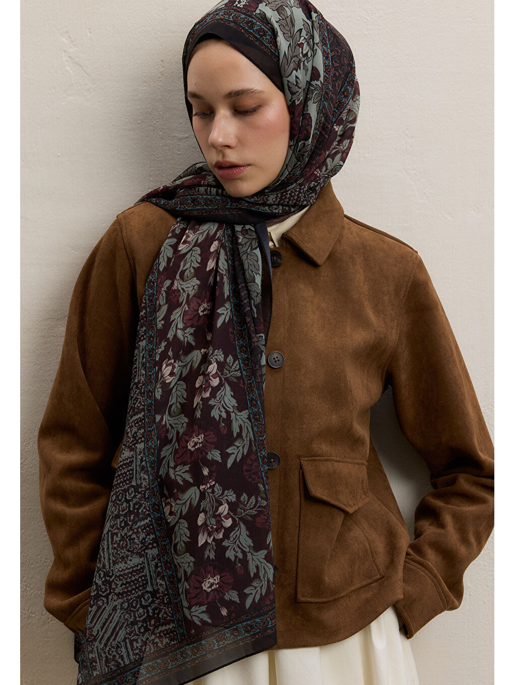 Kahverengi Adella Desen İpek Krep Şal Ağaç Kabuğu-1