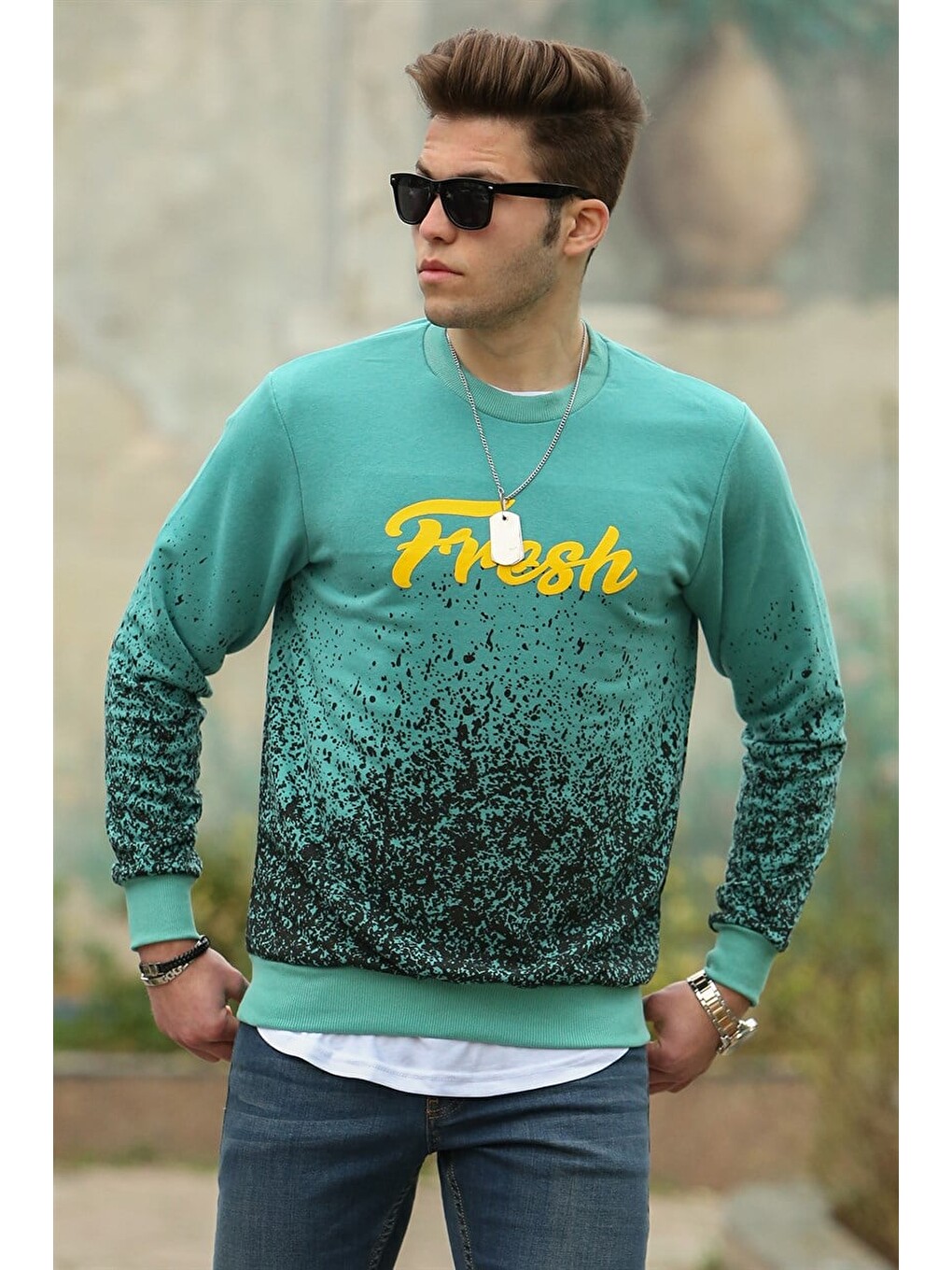 Yeşil Baskılı Bisiklet Yaka Sweatshirt-1