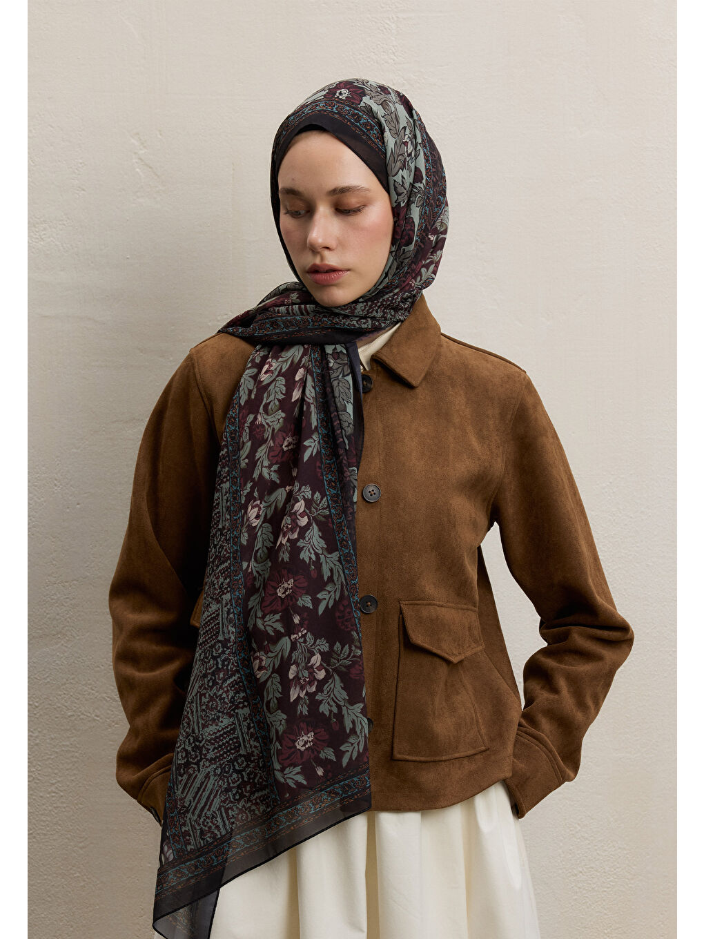 Kahverengi Adella Desen İpek Krep Şal Ağaç Kabuğu-2