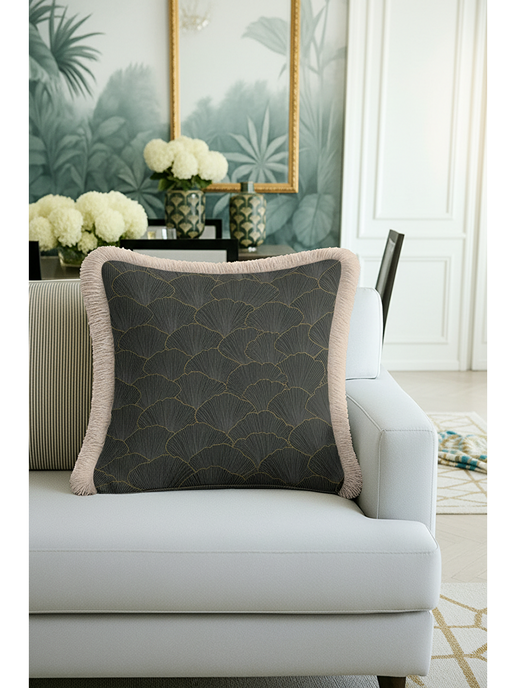 Karışık Altın Renk Lüks Ginko Yapraklı Saçaklı Yastık Kılıfı - Sanatsal Yeşil Modern Püsküllü Kırlent Kılıfı-4