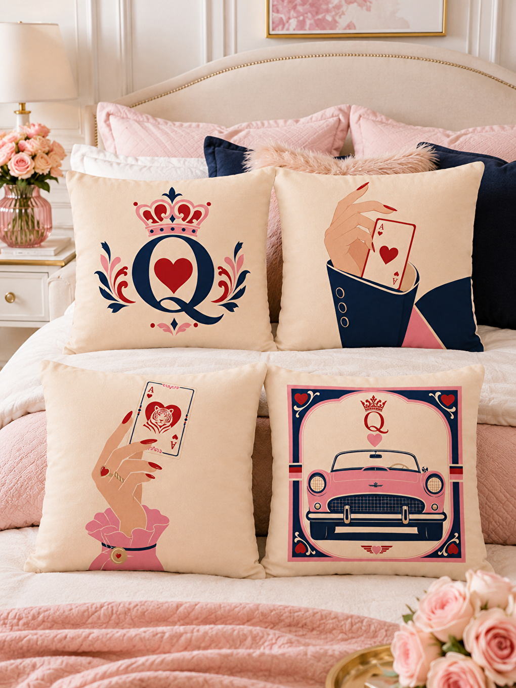 Karışık Taçlı Harf Ve Pembe Otomobil Desenli Dekoratif Kırlent Kılıfı 43x43 Cm Dekor-2