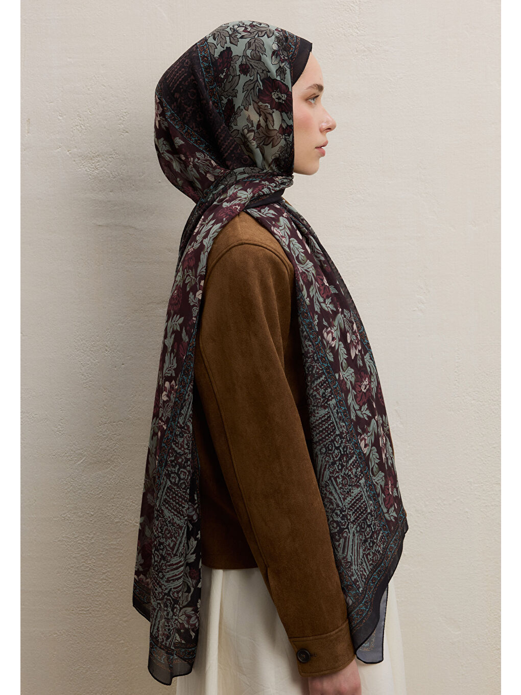 Kahverengi Adella Desen İpek Krep Şal Ağaç Kabuğu-3