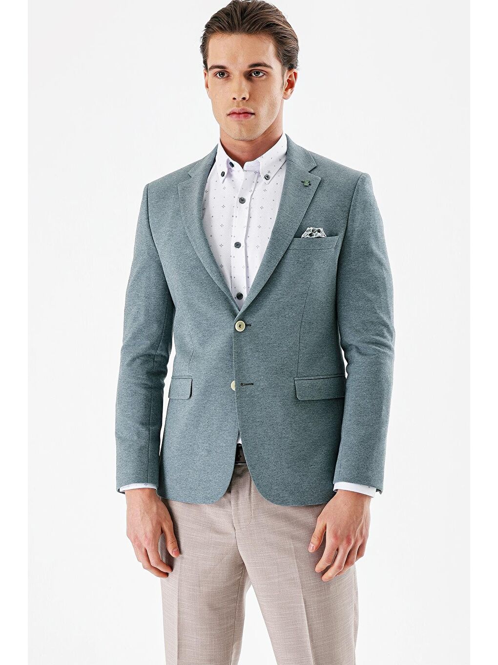 Yeşil Desenli Mono Yaka Çift Yırtmaç Elastanlı 6 Drop Slim Fit Dar Kesim Klasik Ceket 1002240151