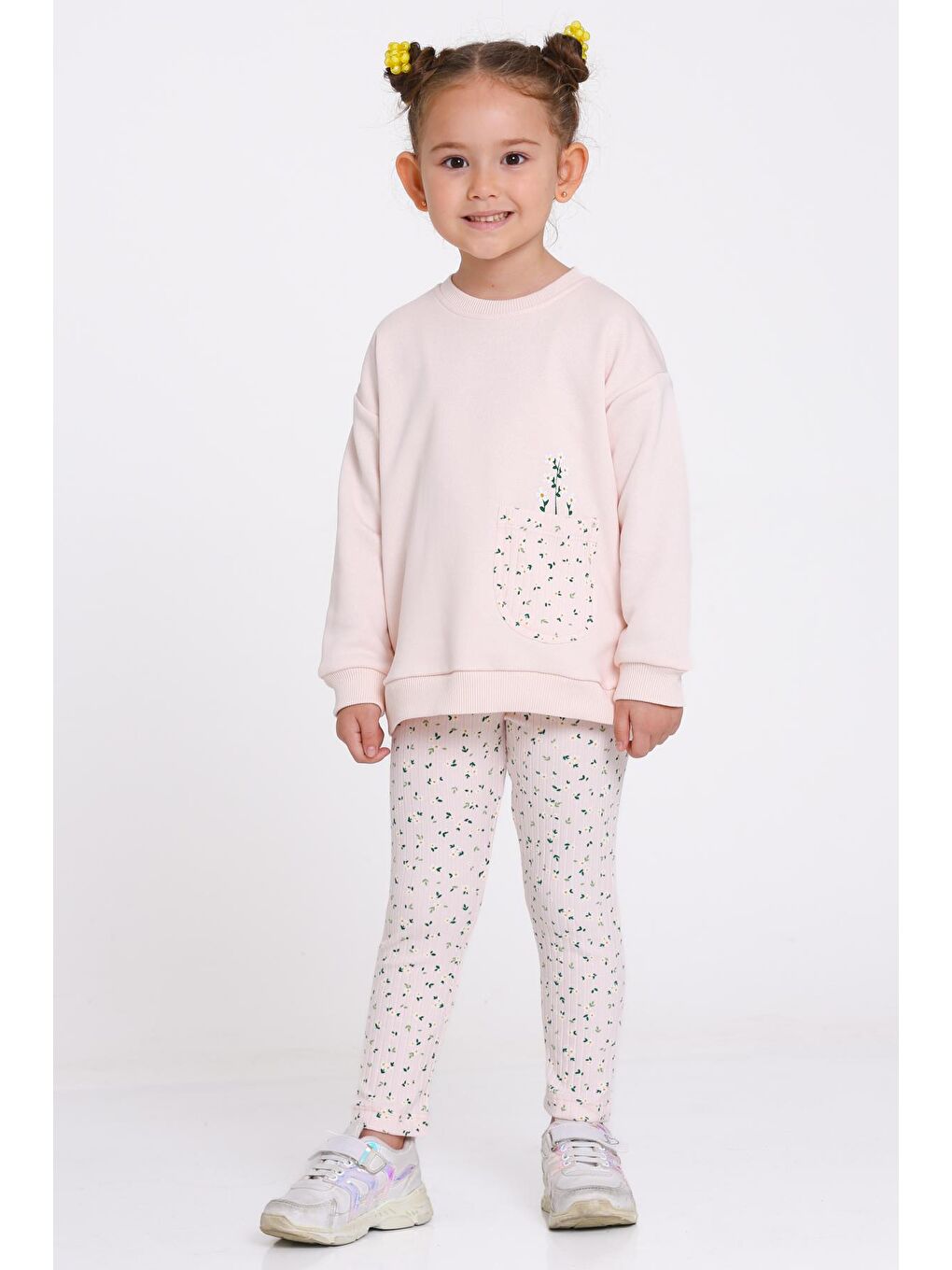 Pembe Kız Çocuk Pudra Çiçek Desenli 1-5 Yaş Takım - 23276-3