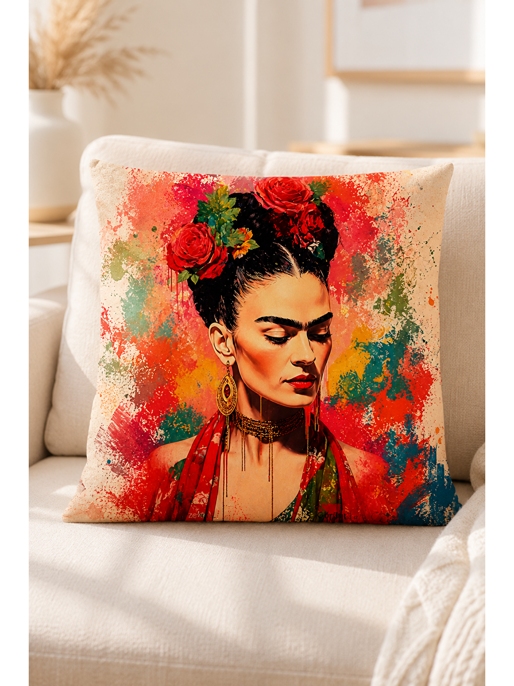 Karışık Renkli Kadın Portre Çiçekli Dekoratif Kırlent Kılıfı Bohem Sanatsal Dekor 43x43 Cm-3