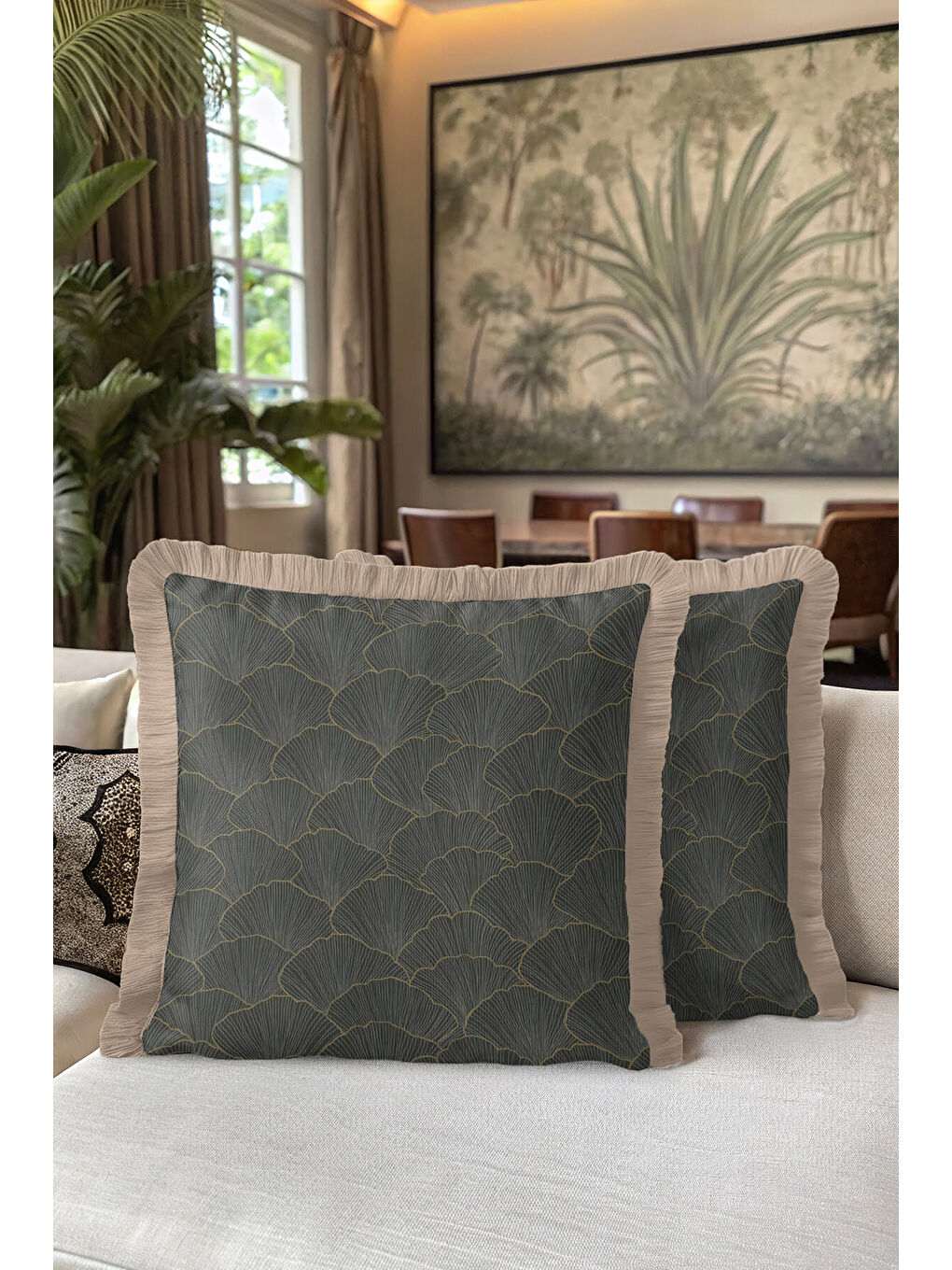 Karışık Altın Renk Lüks Ginko Yapraklı Saçaklı Yastık Kılıfı - Sanatsal Yeşil Modern Püsküllü Kırlent Kılıfı-5