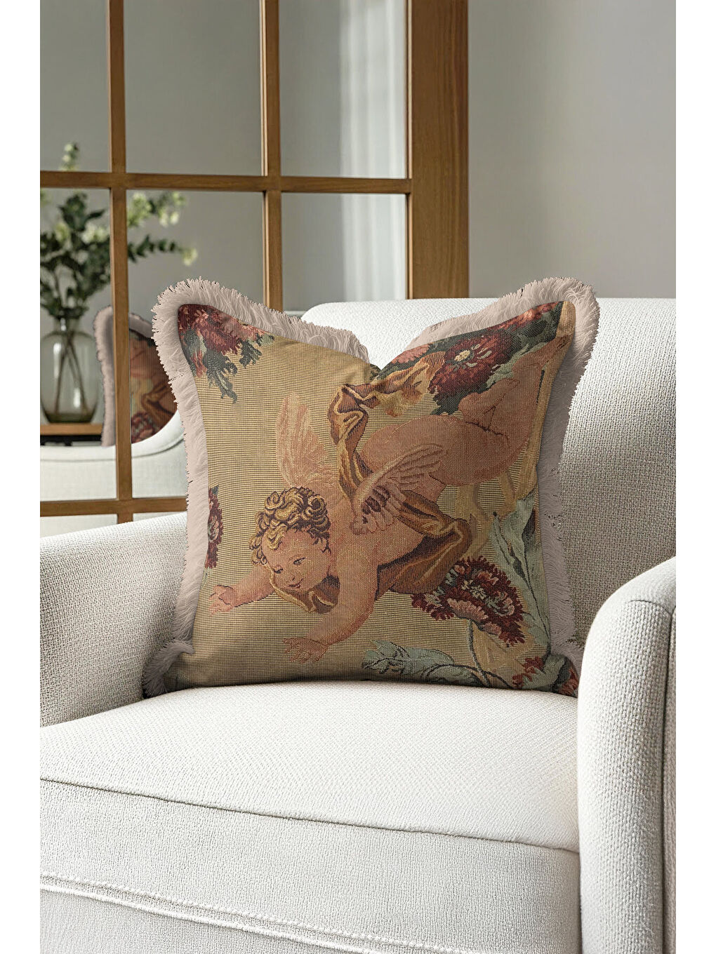 Karışık Barok Melek Figürlü Saçaklı Yastık Kılıfı - Klasik Vintage Retro Bej Gold Püsküllü Kırlent Kılıfı-3
