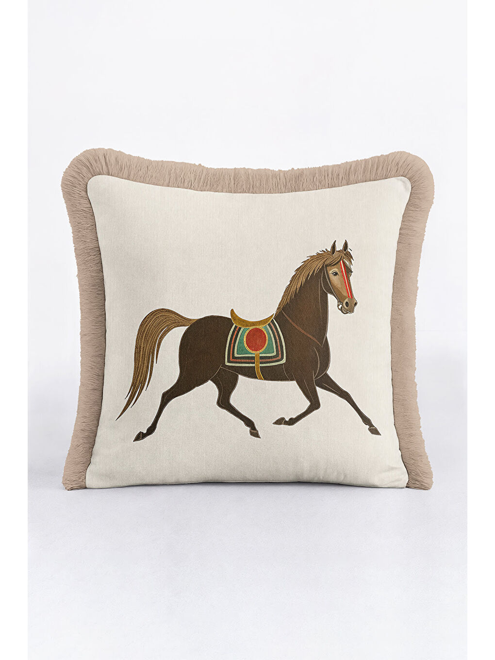 Karışık Saray Esintili At Figürlü Saçaklı Yastık Kılıfı - Bohem Kahverengi Bej Püsküllü Kırlent Kılıfı-2