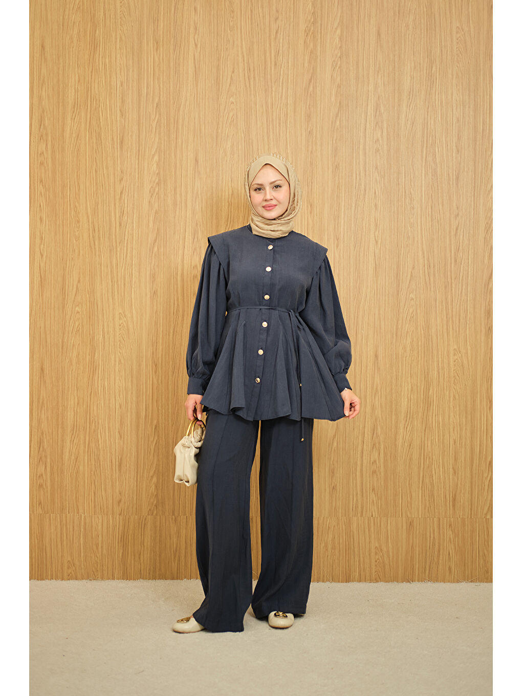 Kadın Bel Büzgülü Gold Düğme Detay Pantolonlu Takım Lacivert-2