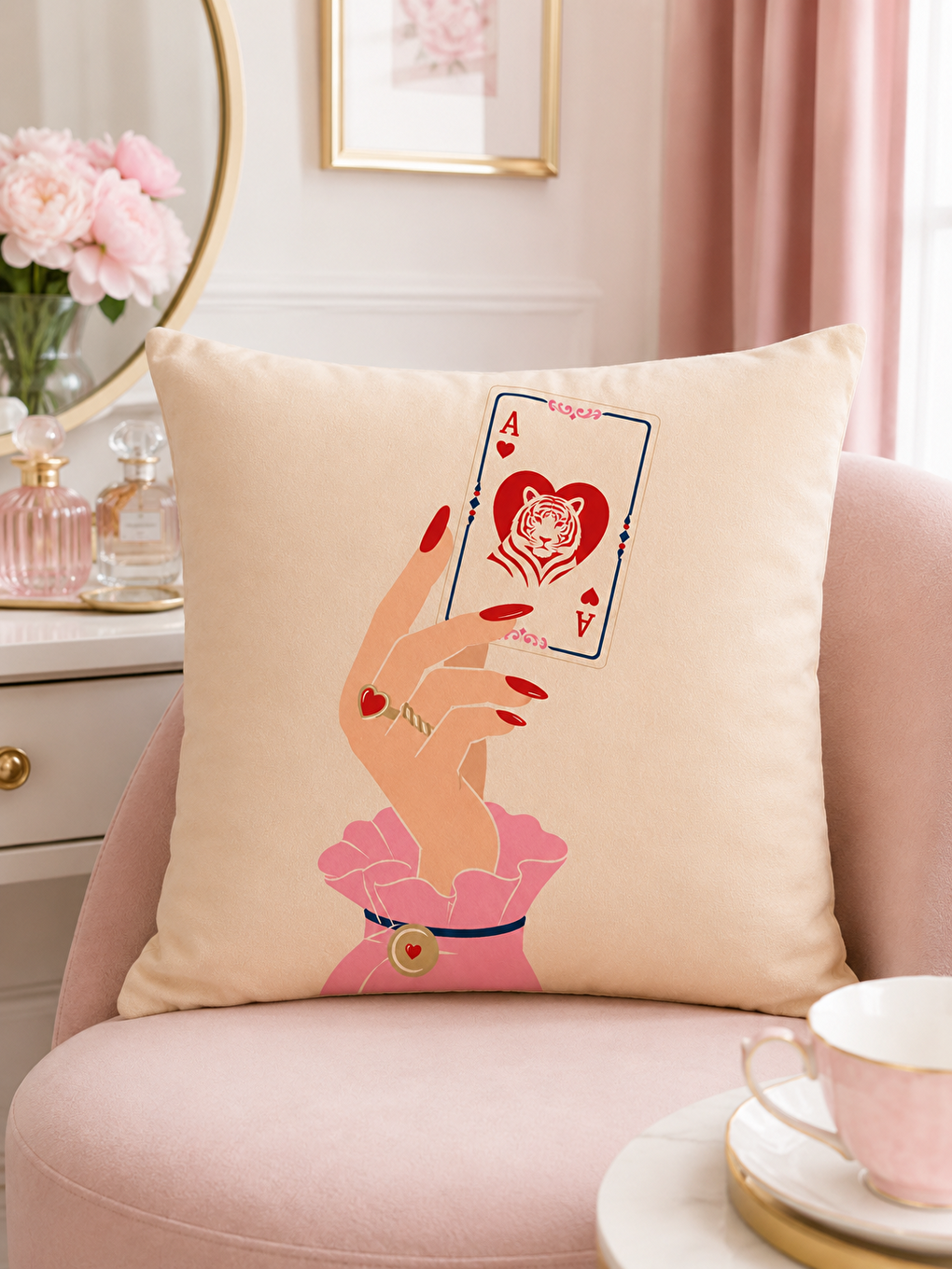 Karışık Taçlı Harf Ve Pembe Otomobil Desenli Dekoratif Kırlent Kılıfı 43x43 Cm Dekor-3