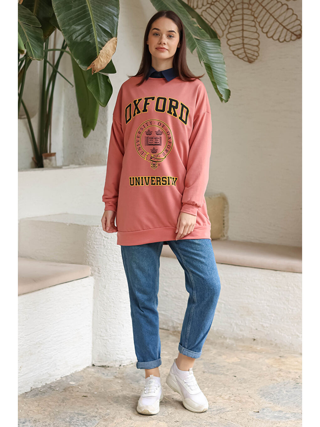 Pembe Baskılı Sweatshirt Gül - 13281-1