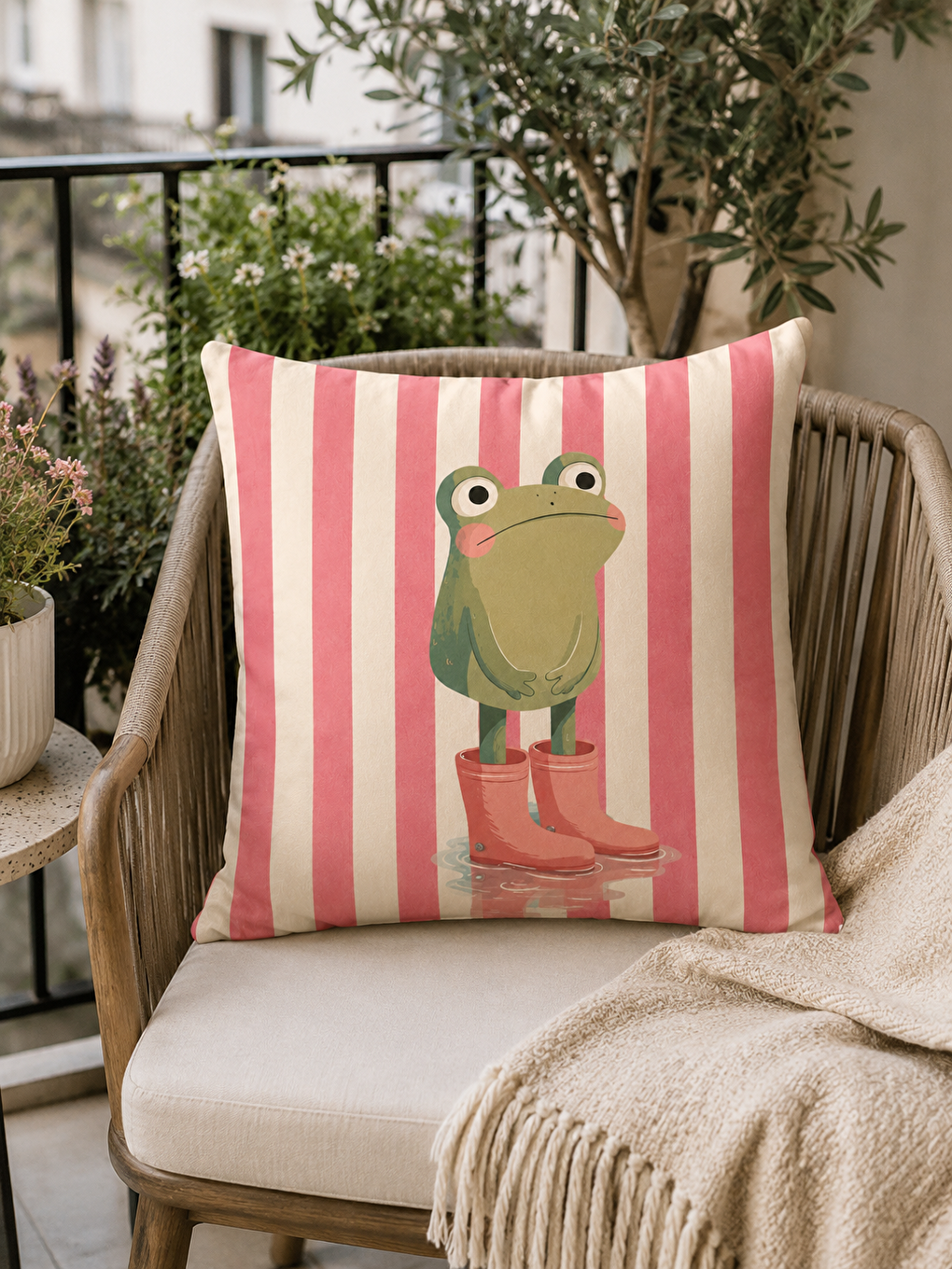 Bej Kurbağa Figürlü Pembe Çizgili Dekoratif Kırlent Kılıfı 43x43 Cm Yazlık Ev Dekoru-3