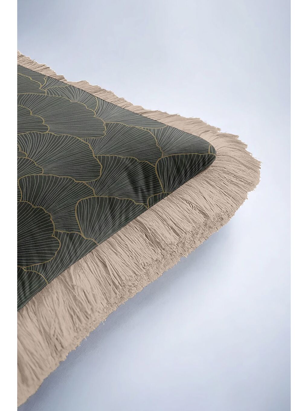 Karışık Altın Renk Lüks Ginko Yapraklı Saçaklı Yastık Kılıfı - Sanatsal Yeşil Modern Püsküllü Kırlent Kılıfı-6