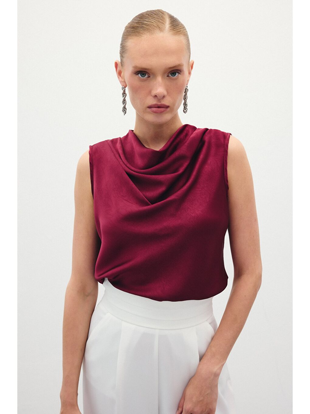 Degaje Yaka Saten Bluz - Bordo-2