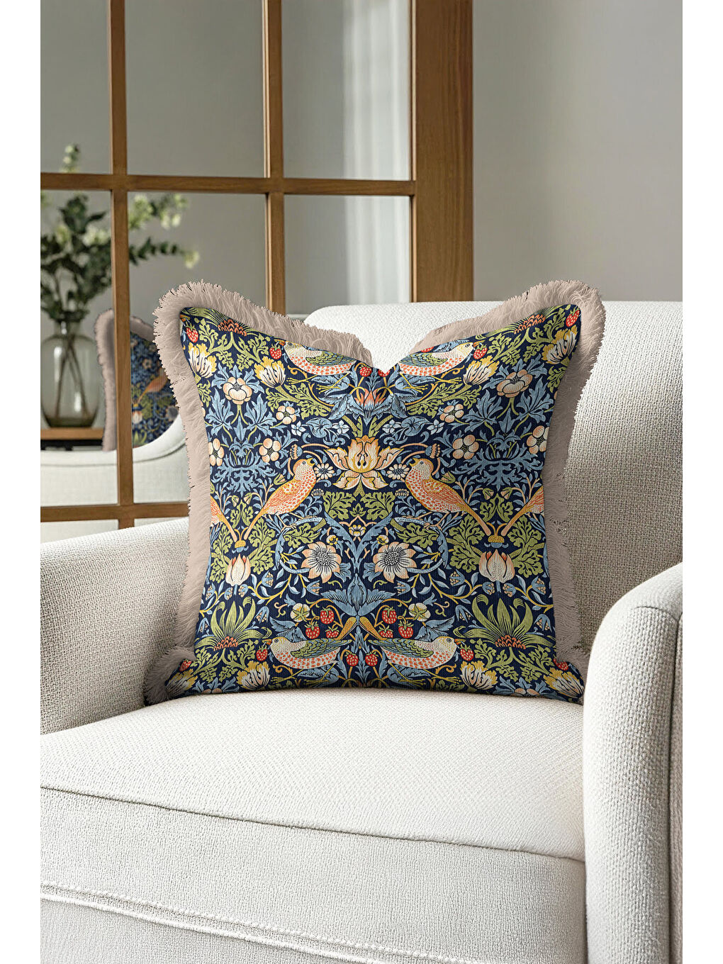 Karışık Lüks Kuşlu Çiçekli Saçaklı Yastık Kılıfı - Viktoryen Bohem Lacivert Yeşil Püsküllü Kırlent Kılıfı-4
