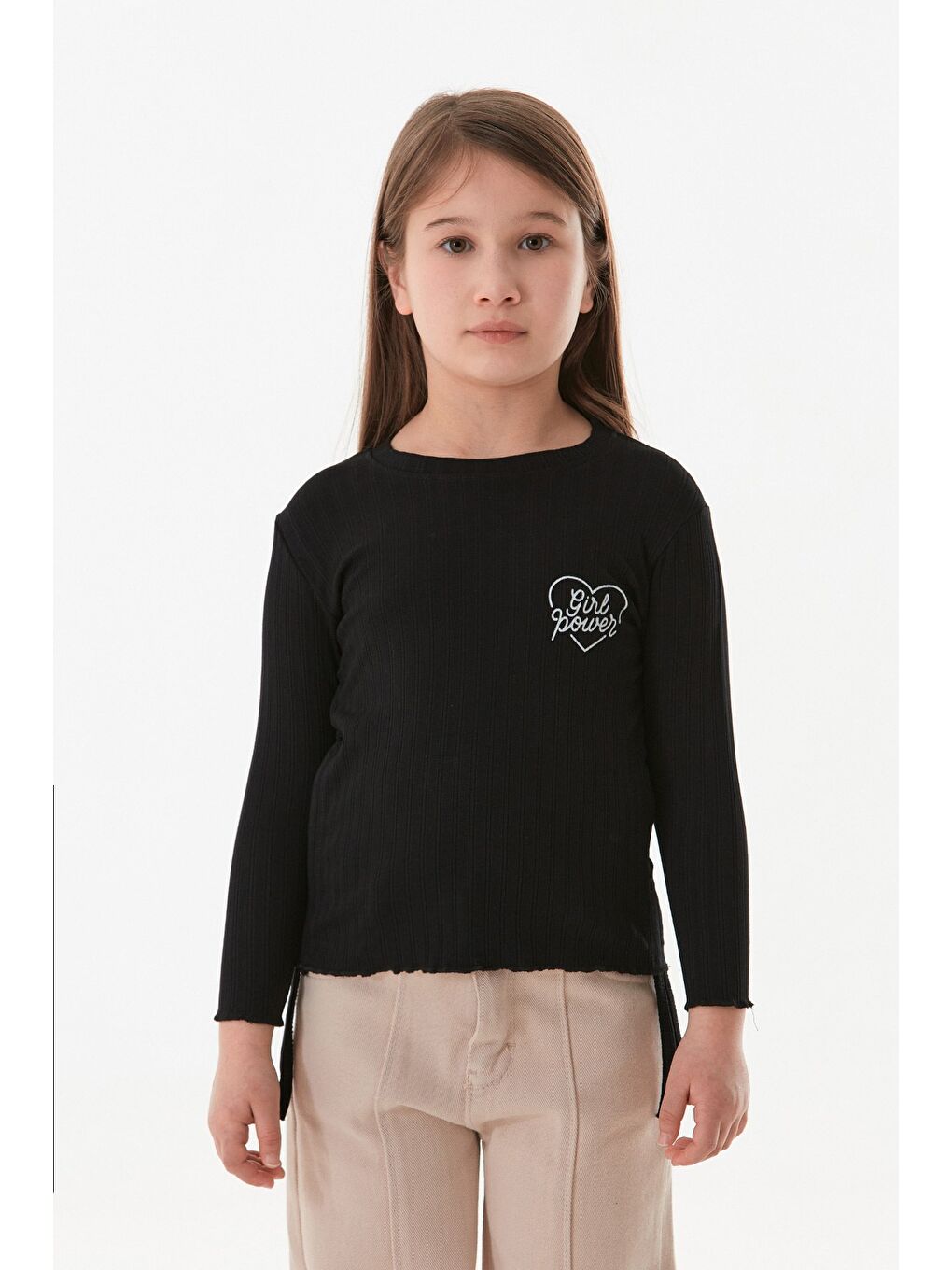 Siyah Fitilli Girl Power Baskılı Yanları Büzgülü Kız Çocuk Bluz