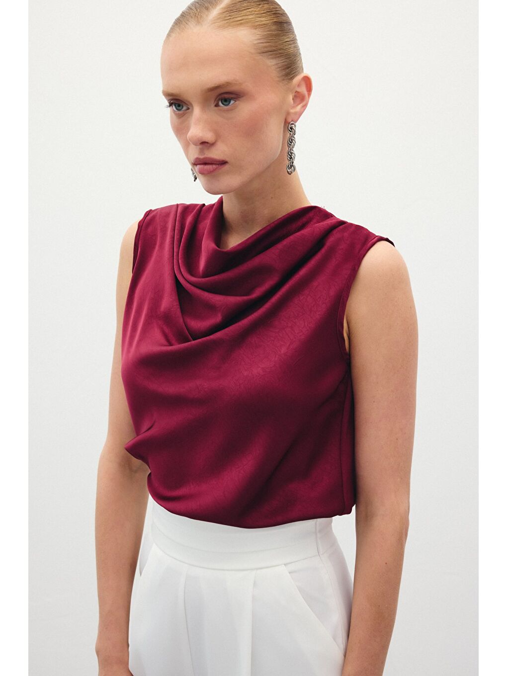 Degaje Yaka Saten Bluz - Bordo-3