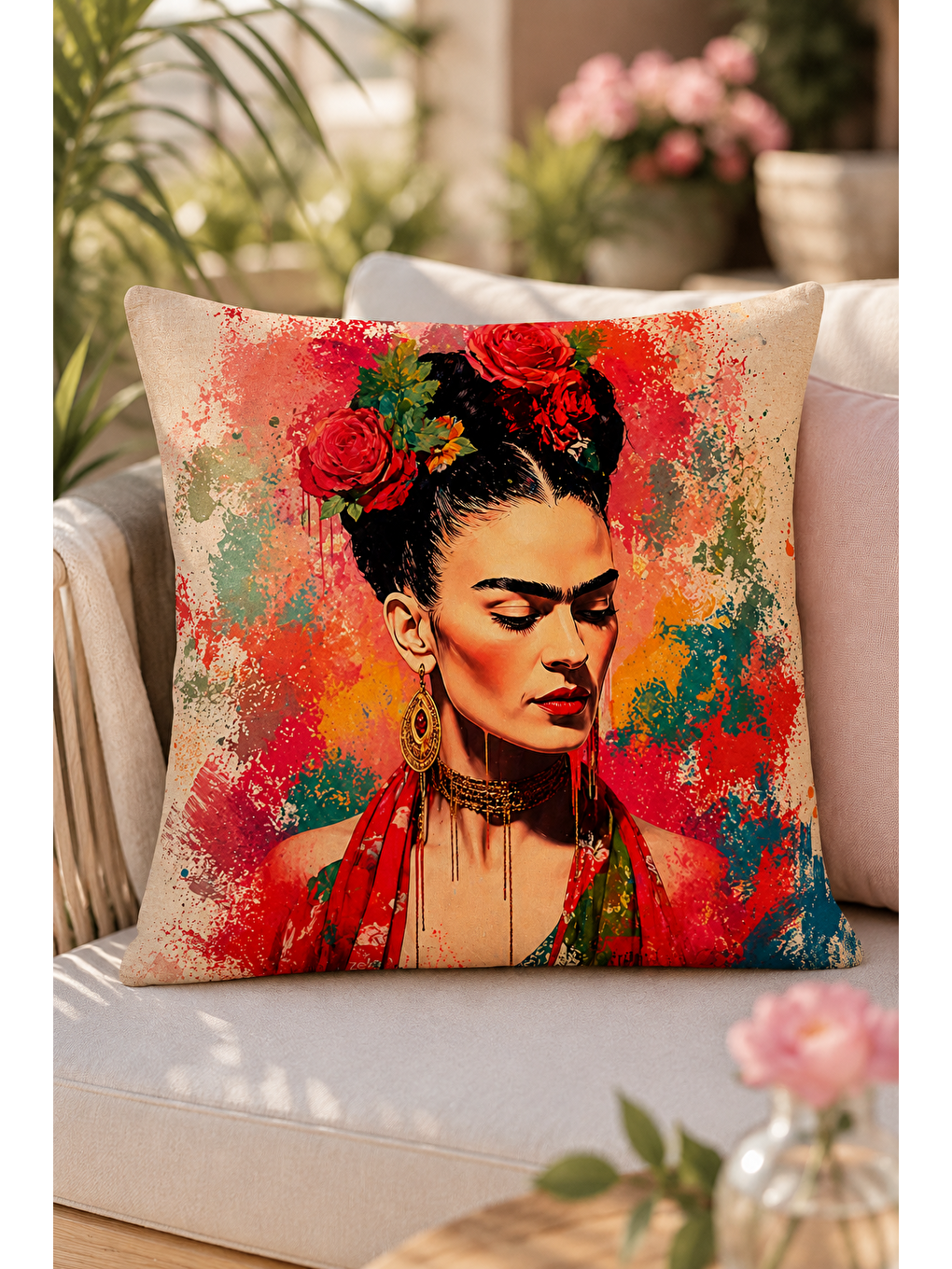 Karışık Renkli Kadın Portre Çiçekli Dekoratif Kırlent Kılıfı Bohem Sanatsal Dekor 43x43 Cm-4