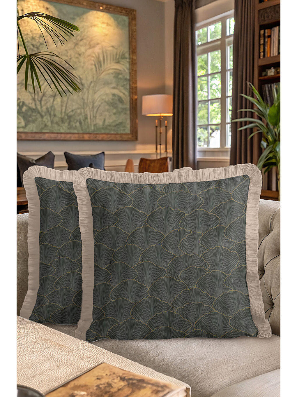 Karışık Altın Renk Lüks Ginko Yapraklı Saçaklı Yastık Kılıfı - Sanatsal Yeşil Modern Püsküllü Kırlent Kılıfı-7