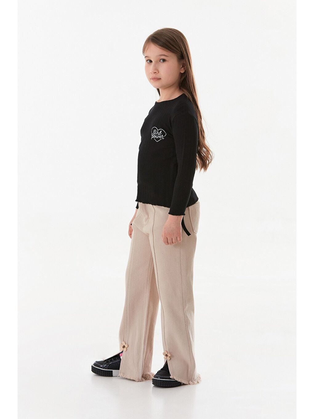 Siyah Fitilli Girl Power Baskılı Yanları Büzgülü Kız Çocuk Bluz-1