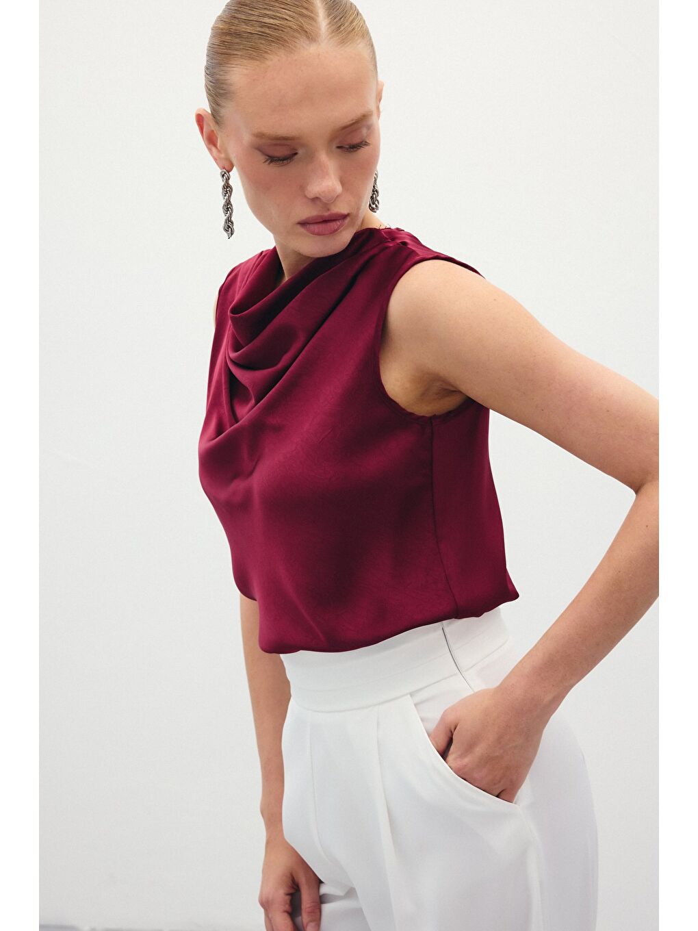 Degaje Yaka Saten Bluz - Bordo-4