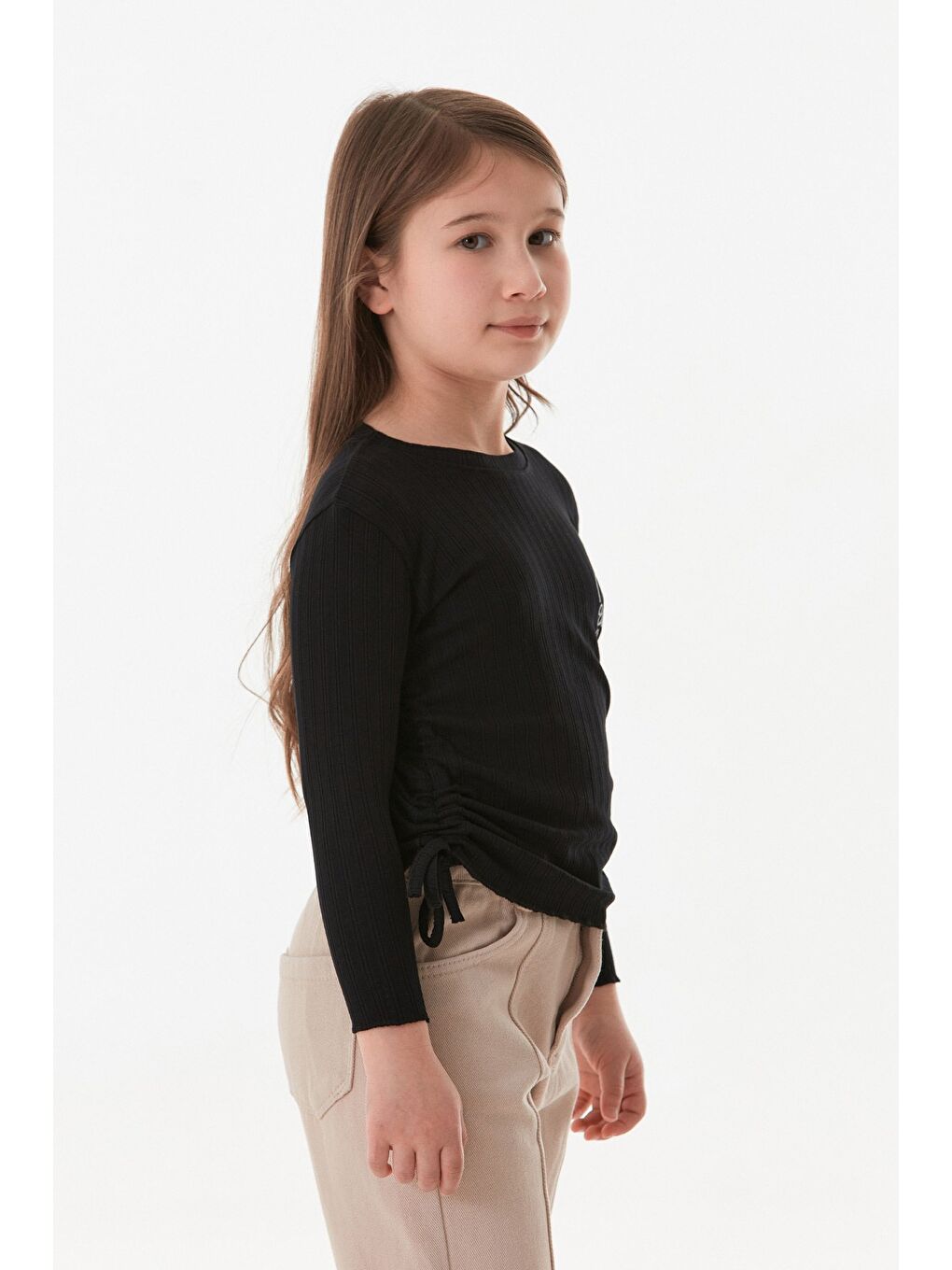 Siyah Fitilli Girl Power Baskılı Yanları Büzgülü Kız Çocuk Bluz-2