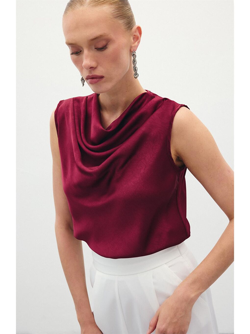 Degaje Yaka Saten Bluz - Bordo-5