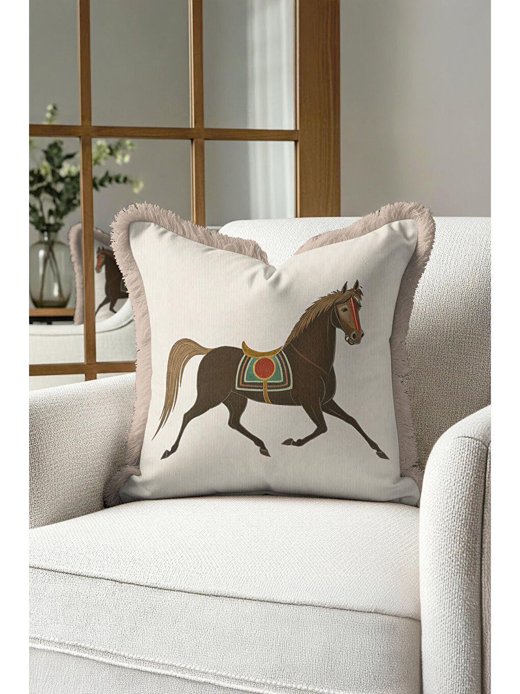 Karışık Saray Esintili At Figürlü Saçaklı Yastık Kılıfı - Bohem Kahverengi Bej Püsküllü Kırlent Kılıfı-3