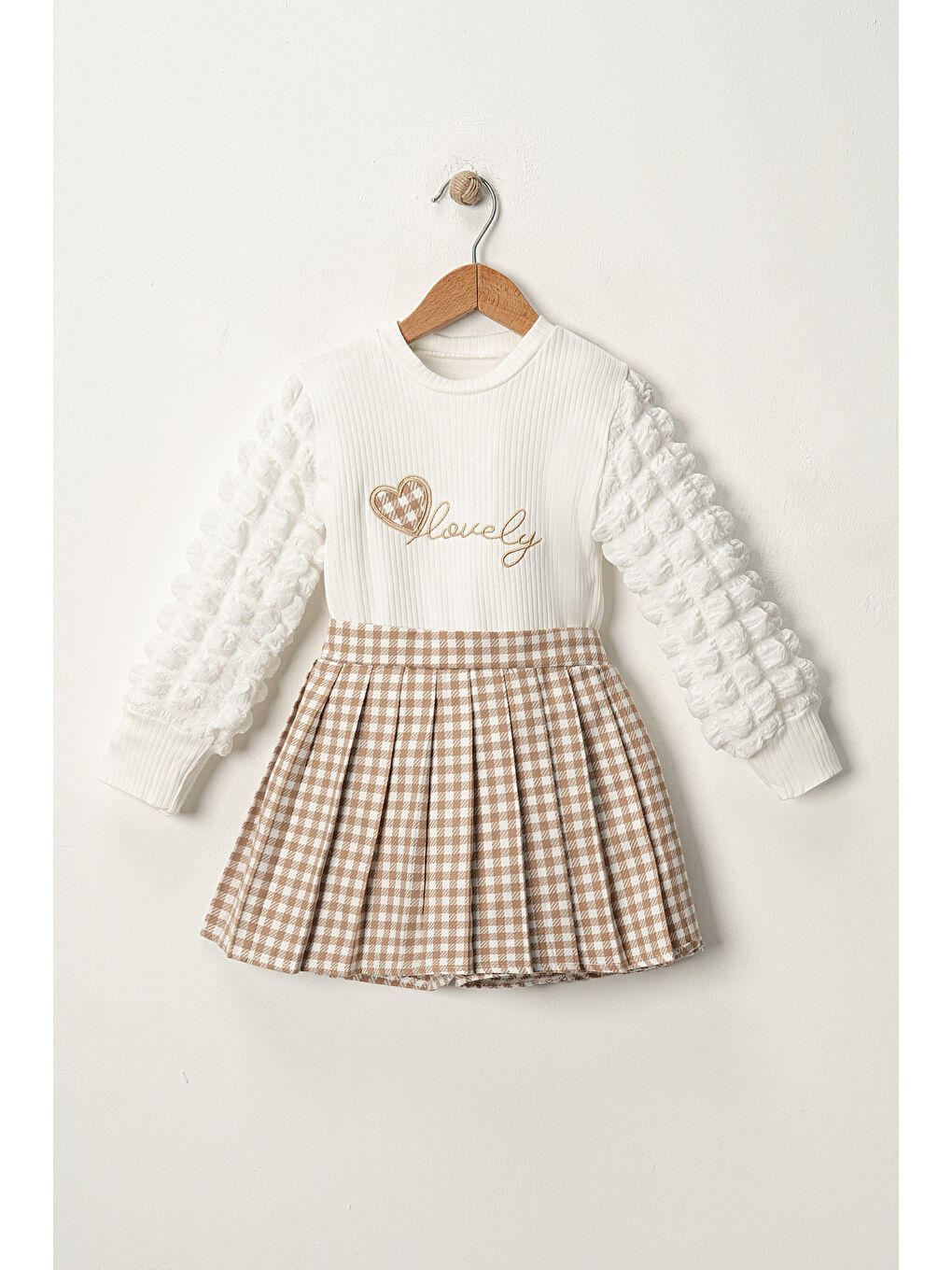 Kahverengi Kız Çocuk Bluzlu Ekose Etek-Şortlu Takım TKM.1002