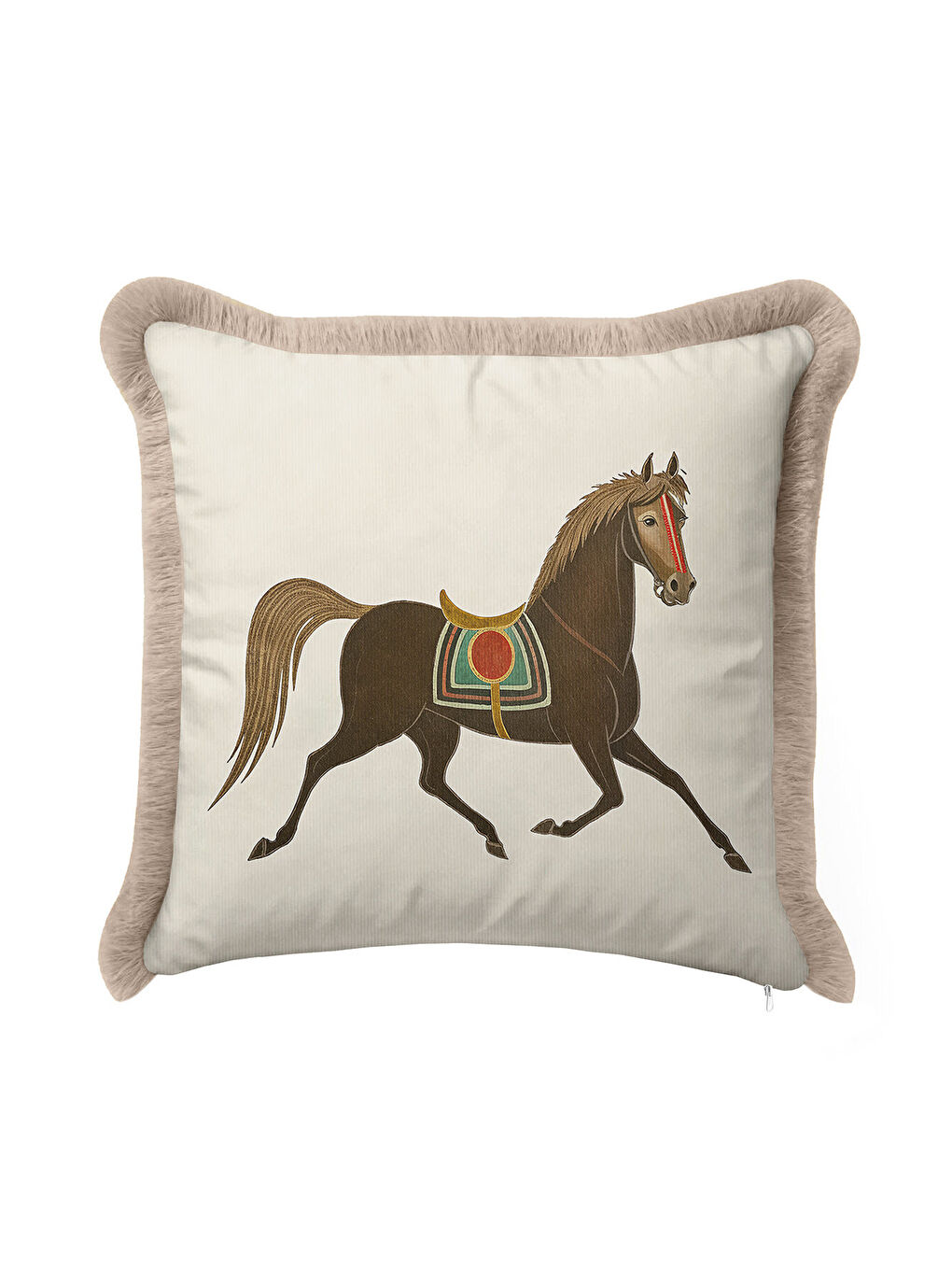 Karışık Saray Esintili At Figürlü Saçaklı Yastık Kılıfı - Bohem Kahverengi Bej Püsküllü Kırlent Kılıfı-4