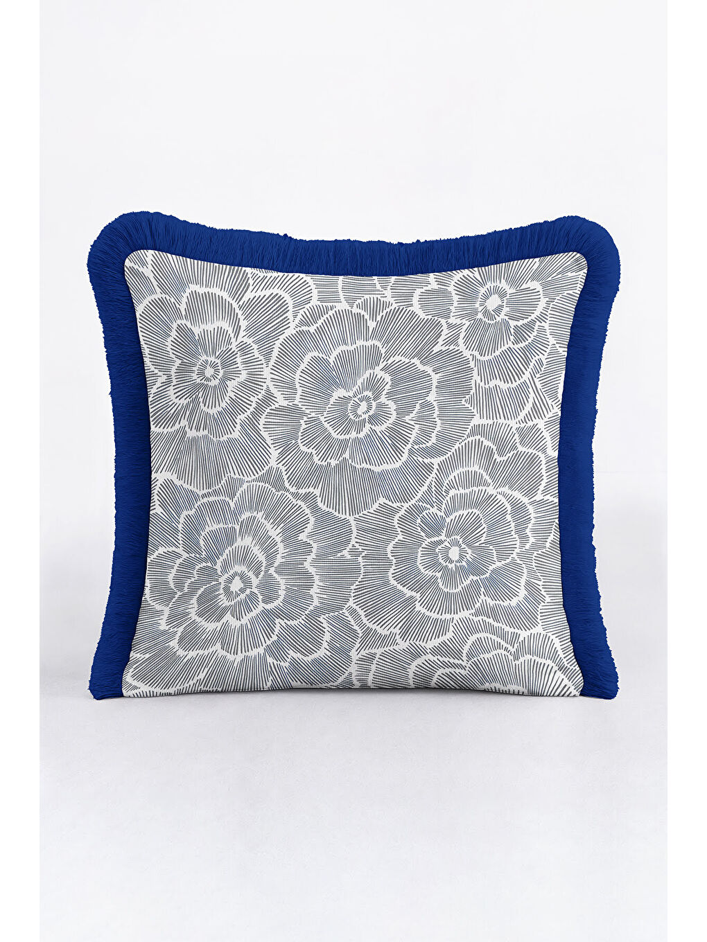 Karışık Zarif Çiçek Motifli Saçaklı Yastık Kılıfı - Modern Mavi Gri Lüks Püsküllü Kırlent Kılıfı-2