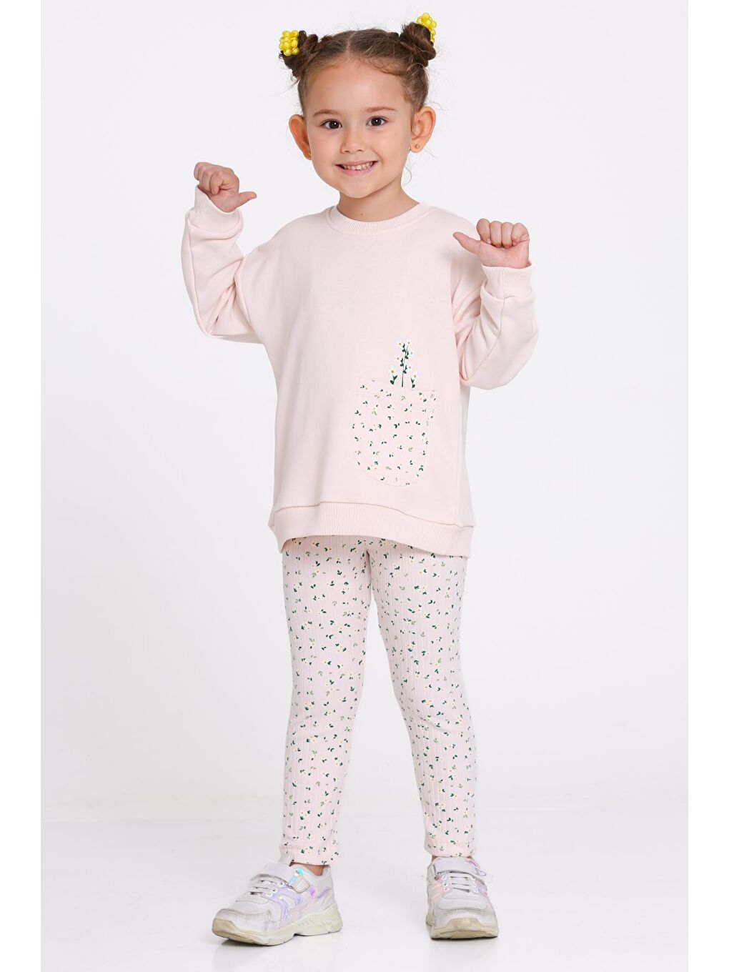 Pembe Kız Çocuk Pudra Çiçek Desenli 1-5 Yaş Takım - 23276-3-1