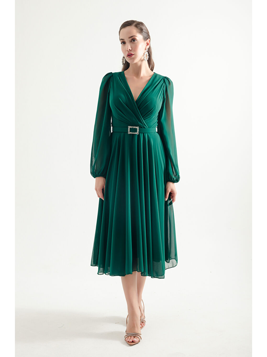 Kadın Zümrüt Yeşili Kemerli Midi Şifon Abiye Elbise-1