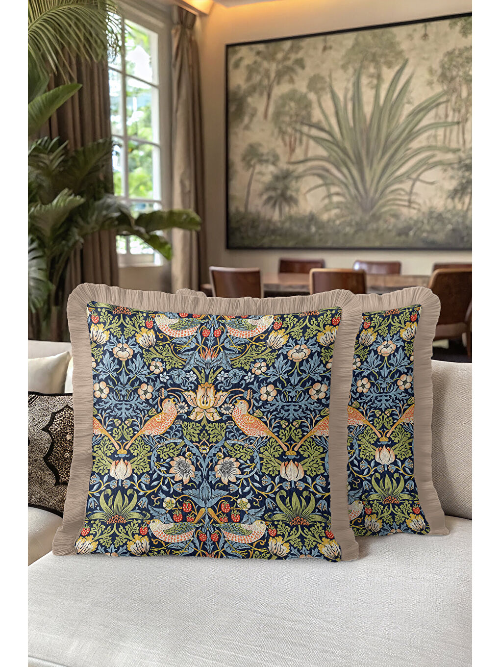 Karışık Lüks Kuşlu Çiçekli Saçaklı Yastık Kılıfı - Viktoryen Bohem Lacivert Yeşil Püsküllü Kırlent Kılıfı-5