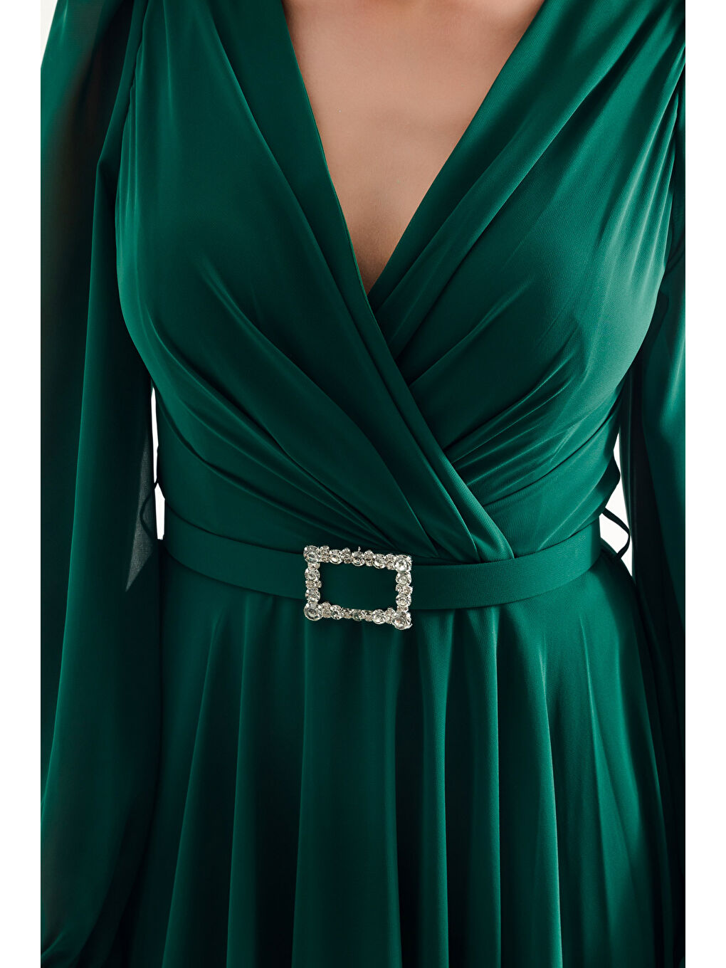 Kadın Zümrüt Yeşili Kemerli Midi Şifon Abiye Elbise-2