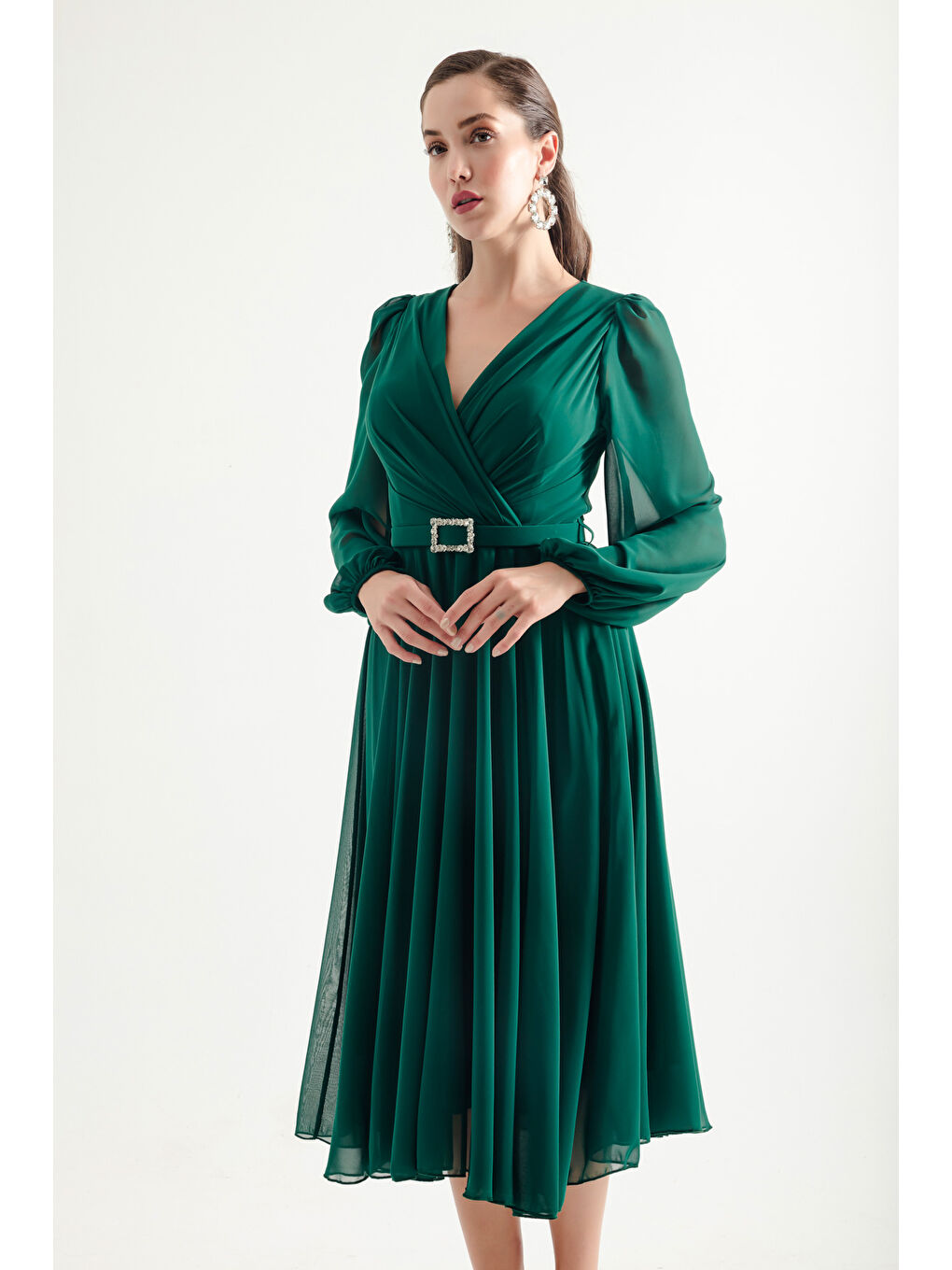 Kadın Zümrüt Yeşili Kemerli Midi Şifon Abiye Elbise-3