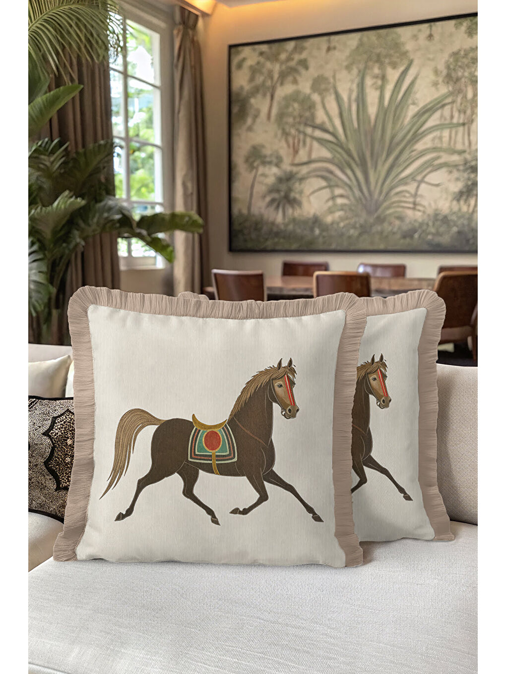 Karışık Saray Esintili At Figürlü Saçaklı Yastık Kılıfı - Bohem Kahverengi Bej Püsküllü Kırlent Kılıfı-5