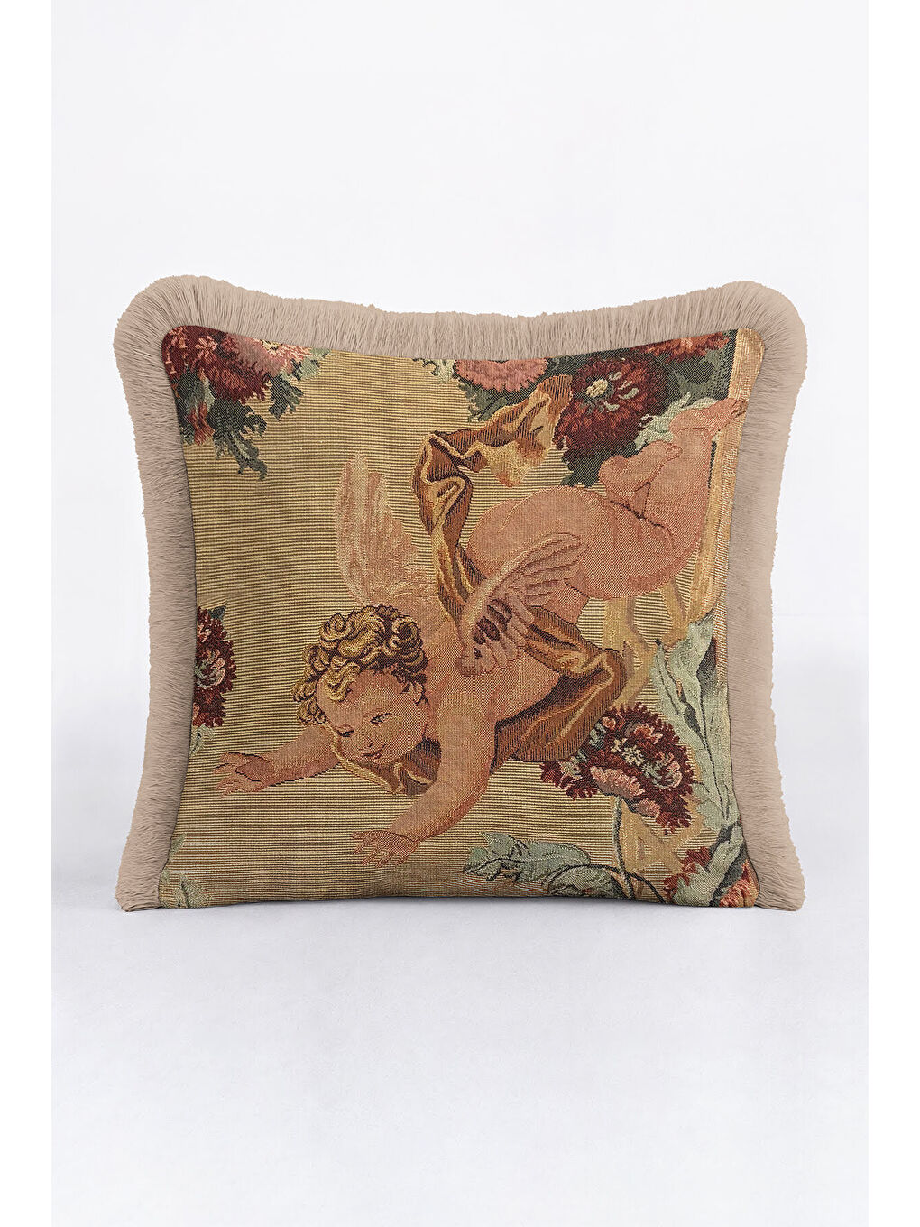 Karışık Barok Melek Figürlü Saçaklı Yastık Kılıfı - Klasik Vintage Retro Bej Gold Püsküllü Kırlent Kılıfı-4