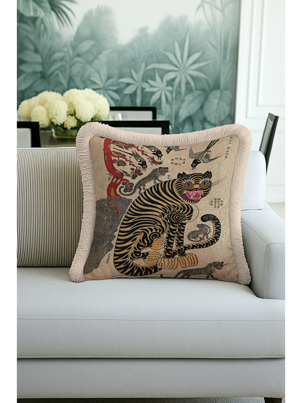 Karışık Asya Motifli Saçaklı Yastık Kılıfı - Etnik Sanat Temalı Vintage Bej Gold Püsküllü Kırlent Kılıfı-2