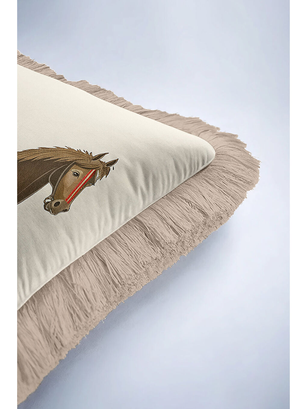 Karışık Saray Esintili At Figürlü Saçaklı Yastık Kılıfı - Bohem Kahverengi Bej Püsküllü Kırlent Kılıfı-6