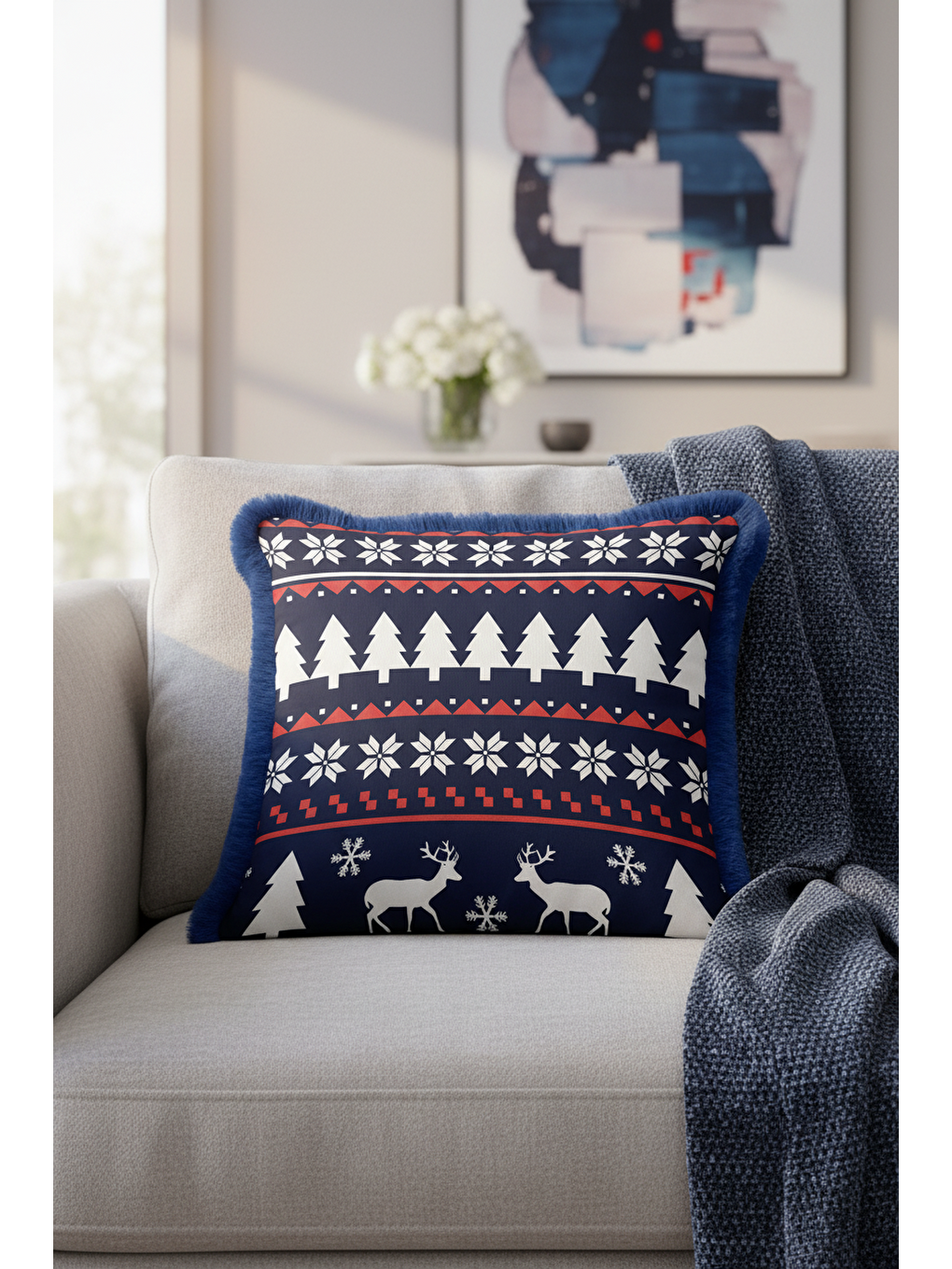 Karışık Nordik Kar Kristal Saçaklı Yastık Kılıfı - Kış Atmosferi İskandinav Lacivert Püsküllü Kırlent Kılıfı