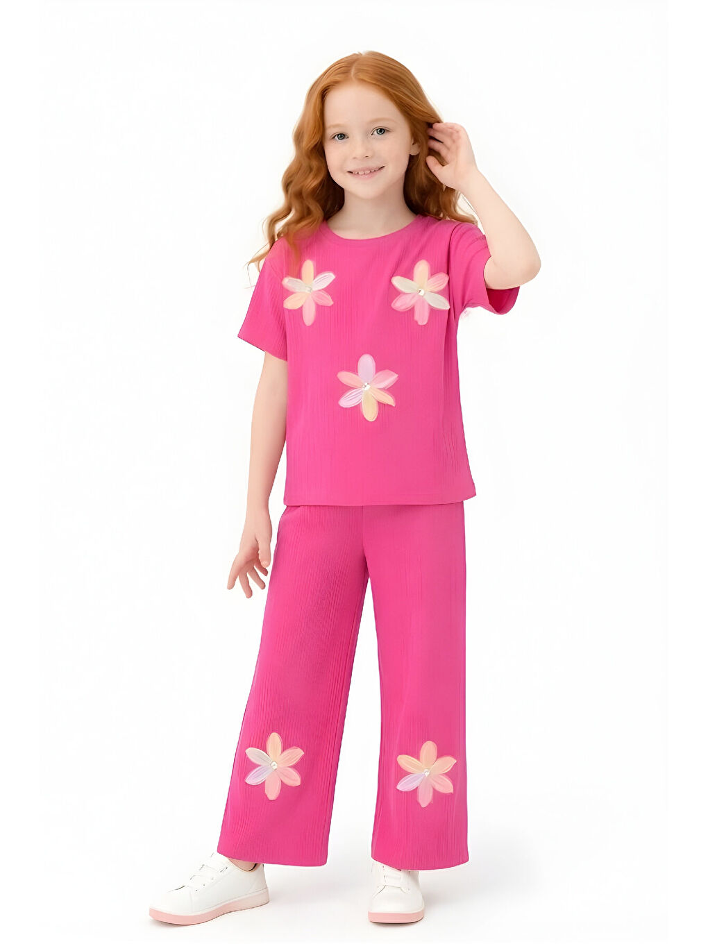 Fuşya Kız Çocuk Bürümcük Kumaş Alt-Üst Takım 3-12 Yaş 12568-1