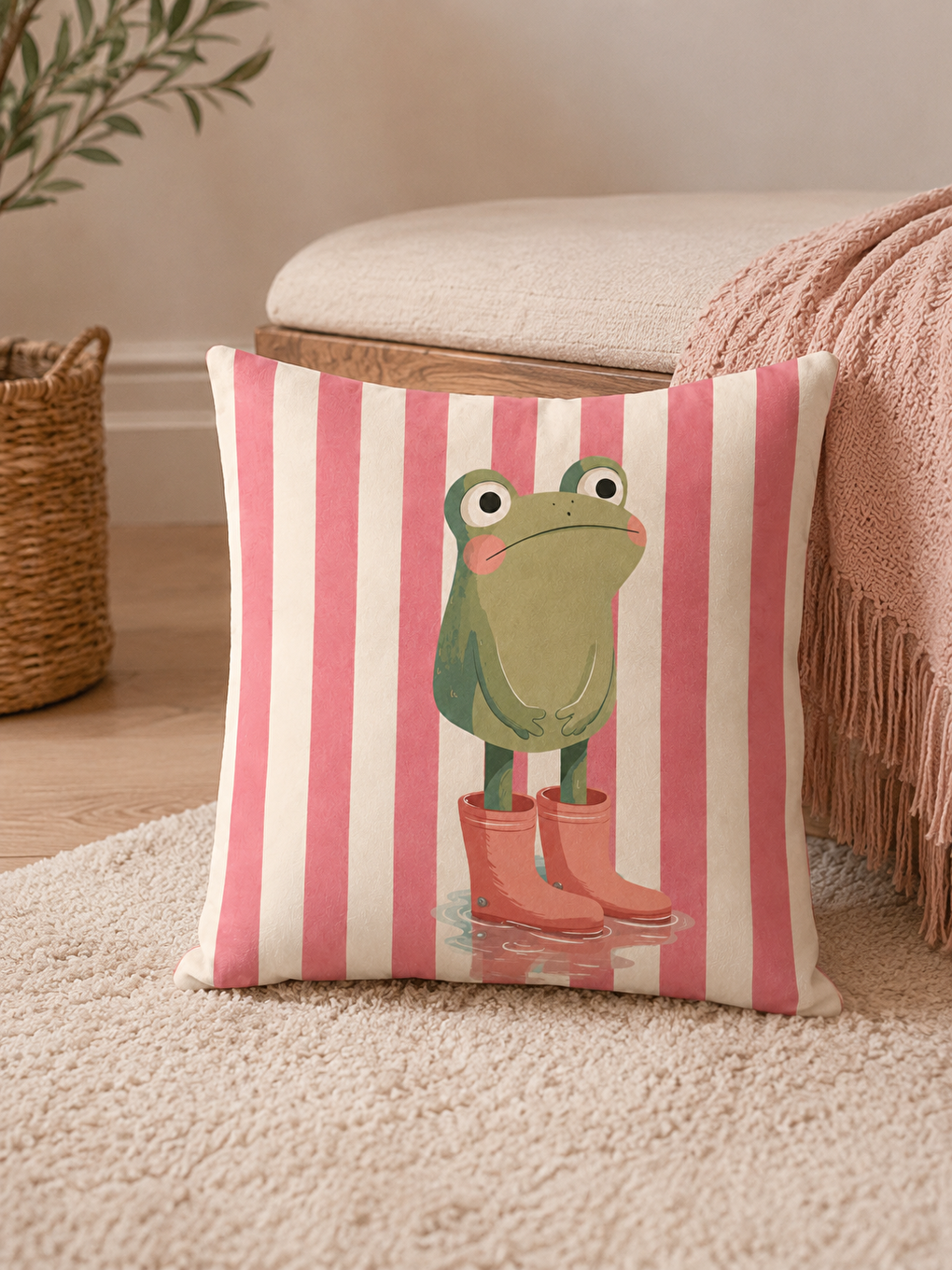 Bej Kurbağa Figürlü Pembe Çizgili Dekoratif Kırlent Kılıfı 43x43 Cm Yazlık Ev Dekoru-4
