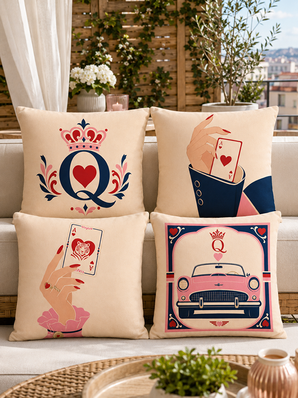 Karışık Taçlı Harf Ve Pembe Otomobil Desenli Dekoratif Kırlent Kılıfı 43x43 Cm Dekor-4