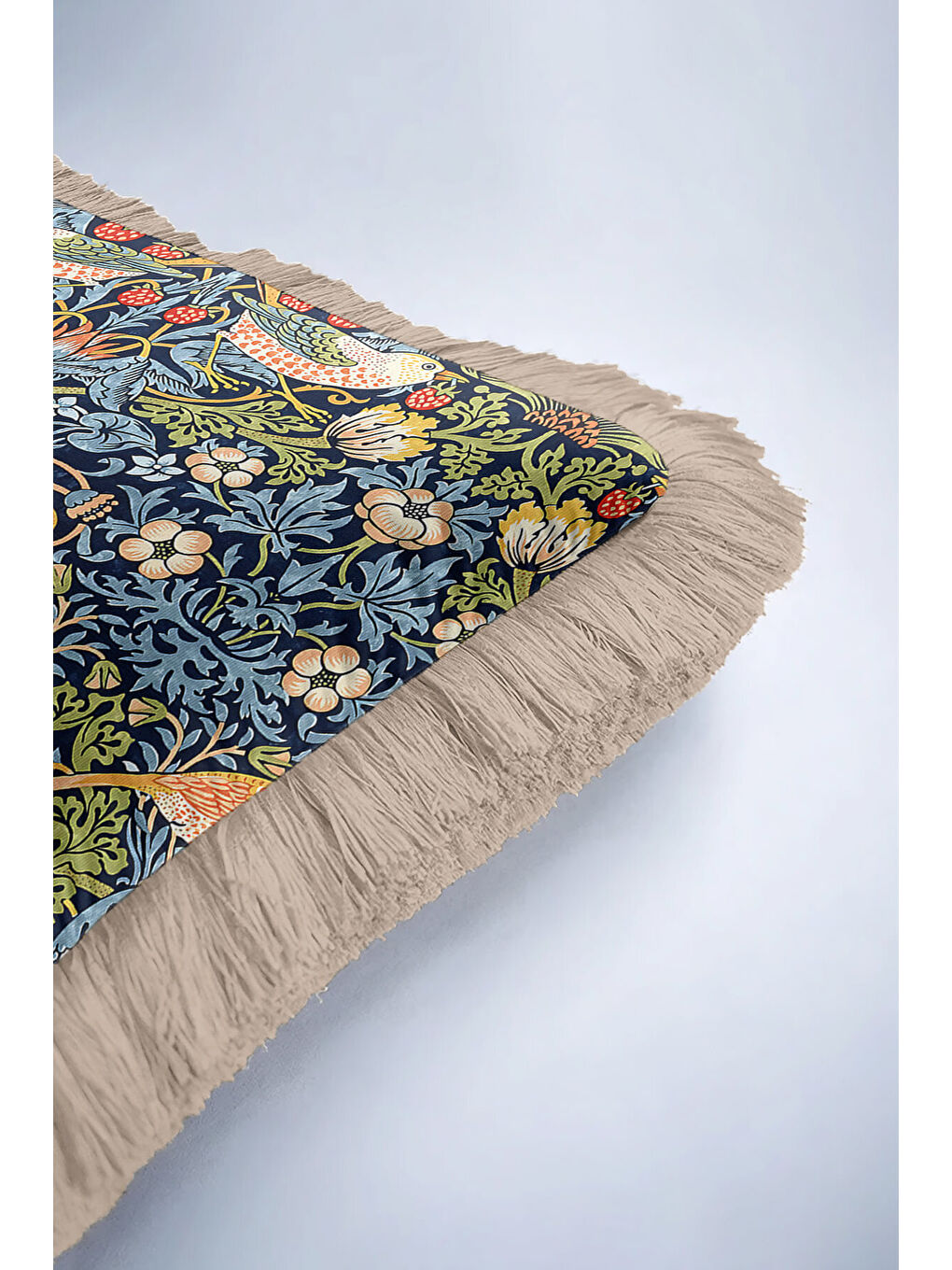 Karışık Lüks Kuşlu Çiçekli Saçaklı Yastık Kılıfı - Viktoryen Bohem Lacivert Yeşil Püsküllü Kırlent Kılıfı-6