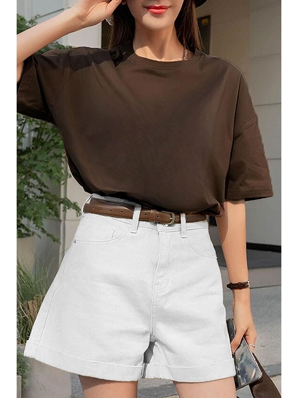 Kadın Kahverengi Oversize New Tişört